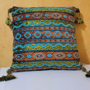Turkish Tribal Jewel  Toned Velvet Tasseled Accent Pillow